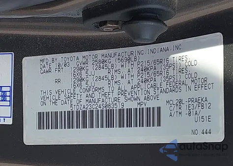 2004 Toyota Sienna Le из США, поврежденный, VIN 5TDZA23C24S083519